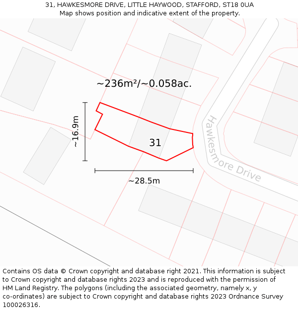 31, HAWKESMORE DRIVE, LITTLE HAYWOOD, STAFFORD, ST18 0UA: Plot and title map