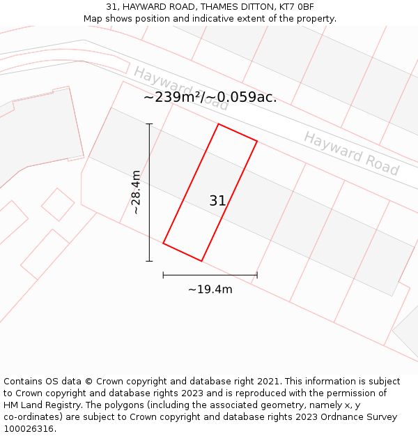 31, HAYWARD ROAD, THAMES DITTON, KT7 0BF: Plot and title map