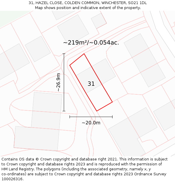 31, HAZEL CLOSE, COLDEN COMMON, WINCHESTER, SO21 1DL: Plot and title map