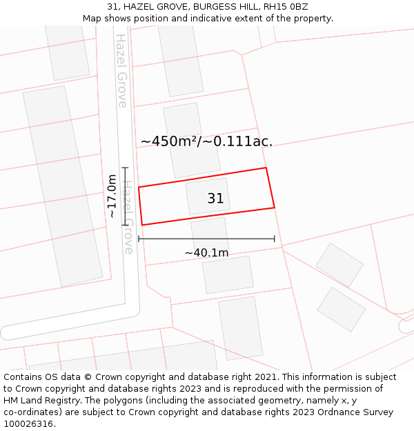 31, HAZEL GROVE, BURGESS HILL, RH15 0BZ: Plot and title map