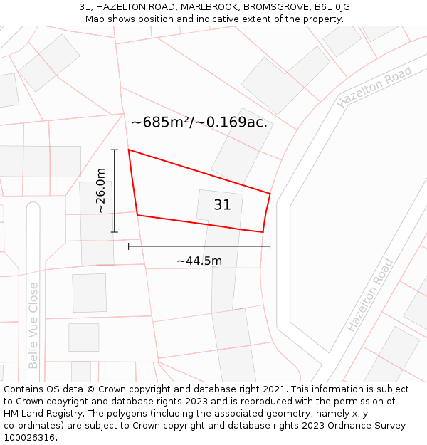 31, HAZELTON ROAD, MARLBROOK, BROMSGROVE, B61 0JG: Plot and title map