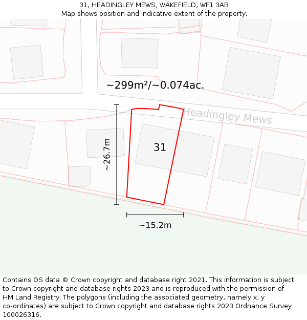 31, HEADINGLEY MEWS, WAKEFIELD, WF1 3AB: Plot and title map