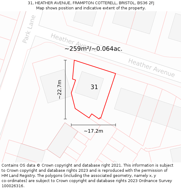 31, HEATHER AVENUE, FRAMPTON COTTERELL, BRISTOL, BS36 2FJ: Plot and title map