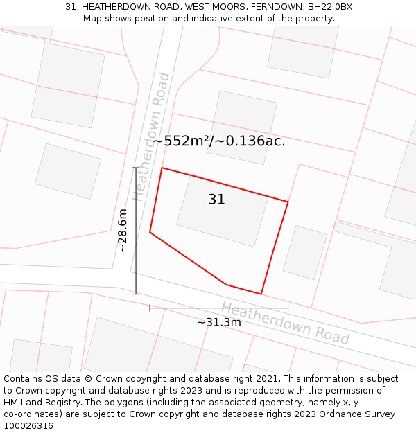 31, HEATHERDOWN ROAD, WEST MOORS, FERNDOWN, BH22 0BX: Plot and title map