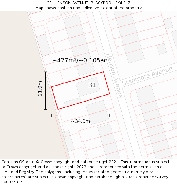 31, HENSON AVENUE, BLACKPOOL, FY4 3LZ: Plot and title map