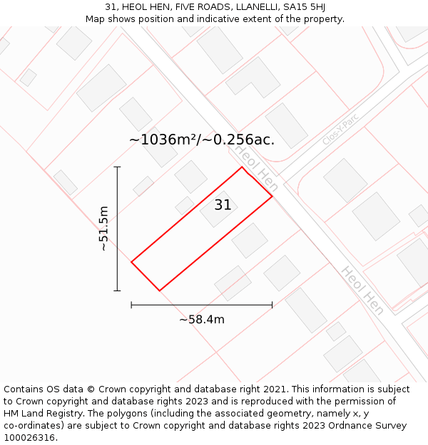 31, HEOL HEN, FIVE ROADS, LLANELLI, SA15 5HJ: Plot and title map