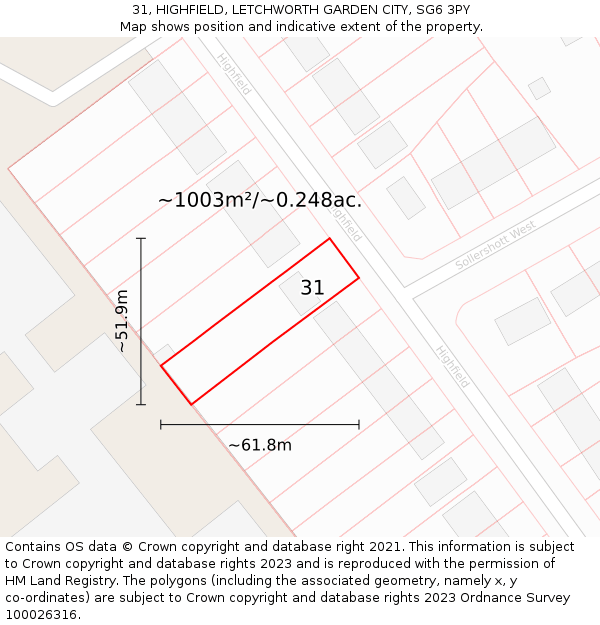 31, HIGHFIELD, LETCHWORTH GARDEN CITY, SG6 3PY: Plot and title map