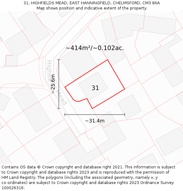 31, HIGHFIELDS MEAD, EAST HANNINGFIELD, CHELMSFORD, CM3 8XA: Plot and title map