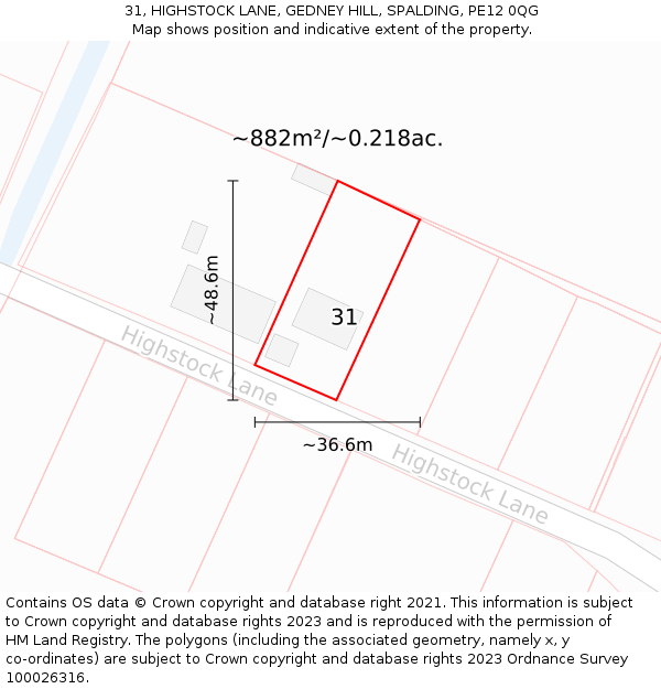 31, HIGHSTOCK LANE, GEDNEY HILL, SPALDING, PE12 0QG: Plot and title map