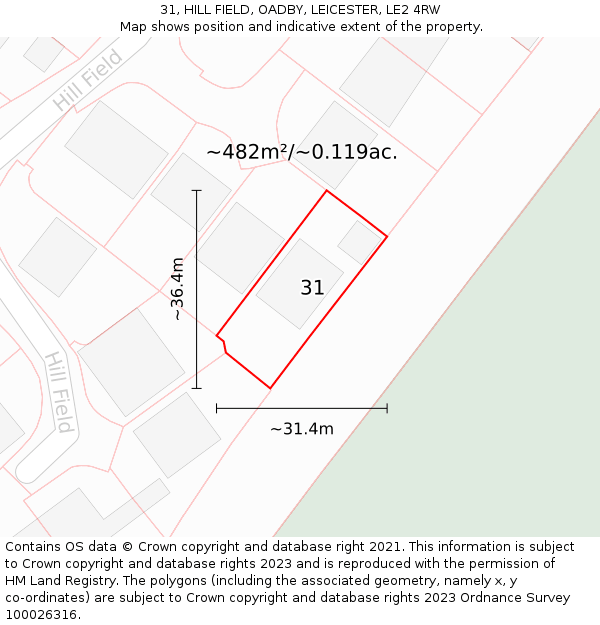 31, HILL FIELD, OADBY, LEICESTER, LE2 4RW: Plot and title map