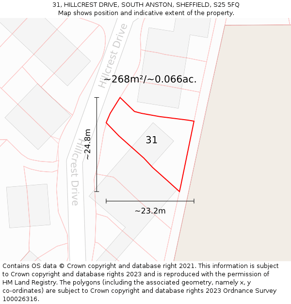 31, HILLCREST DRIVE, SOUTH ANSTON, SHEFFIELD, S25 5FQ: Plot and title map