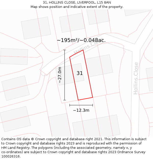 31, HOLLINS CLOSE, LIVERPOOL, L15 8AN: Plot and title map