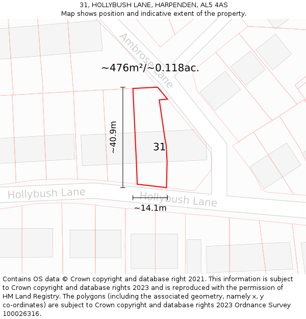 31, HOLLYBUSH LANE, HARPENDEN, AL5 4AS: Plot and title map