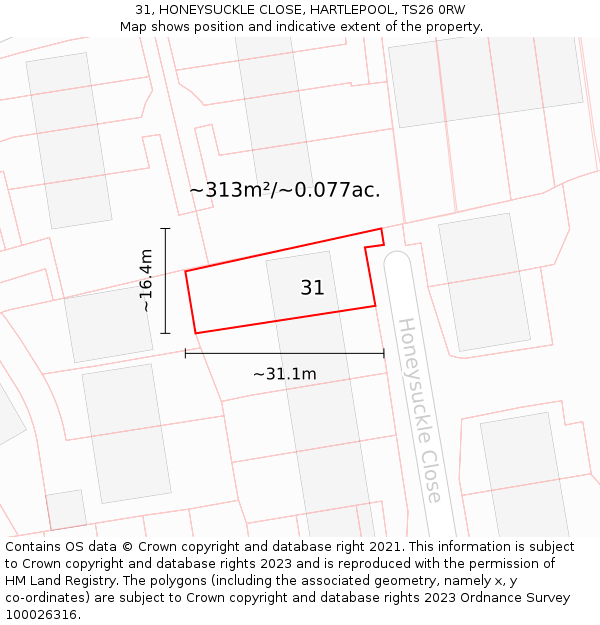 31, HONEYSUCKLE CLOSE, HARTLEPOOL, TS26 0RW: Plot and title map