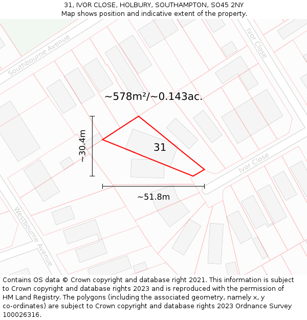 31, IVOR CLOSE, HOLBURY, SOUTHAMPTON, SO45 2NY: Plot and title map