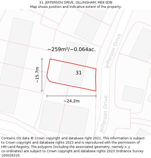 31, JEFFERSON DRIVE, GILLINGHAM, ME8 0DB: Plot and title map