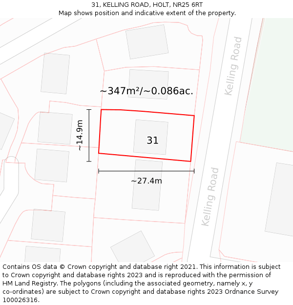 31, KELLING ROAD, HOLT, NR25 6RT: Plot and title map