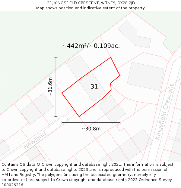 31, KINGSFIELD CRESCENT, WITNEY, OX28 2JB: Plot and title map