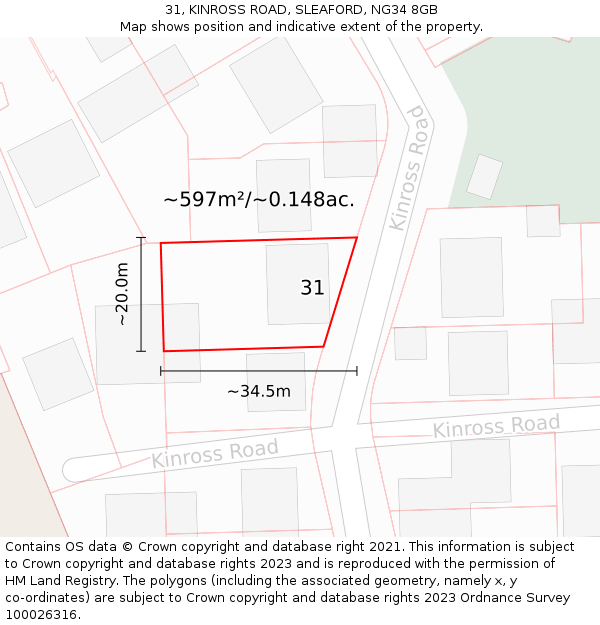 31, KINROSS ROAD, SLEAFORD, NG34 8GB: Plot and title map