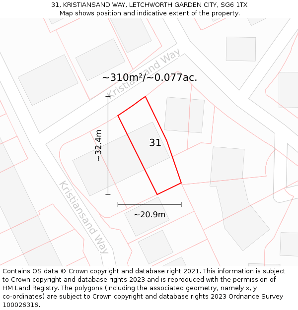 31, KRISTIANSAND WAY, LETCHWORTH GARDEN CITY, SG6 1TX: Plot and title map