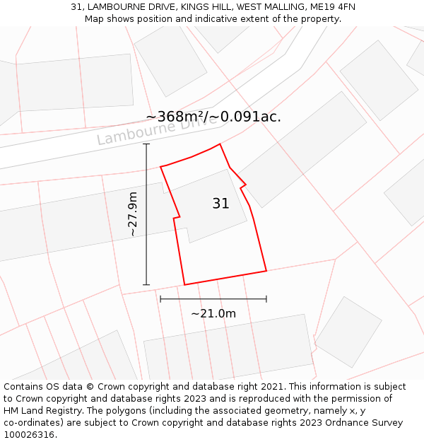 31, LAMBOURNE DRIVE, KINGS HILL, WEST MALLING, ME19 4FN: Plot and title map