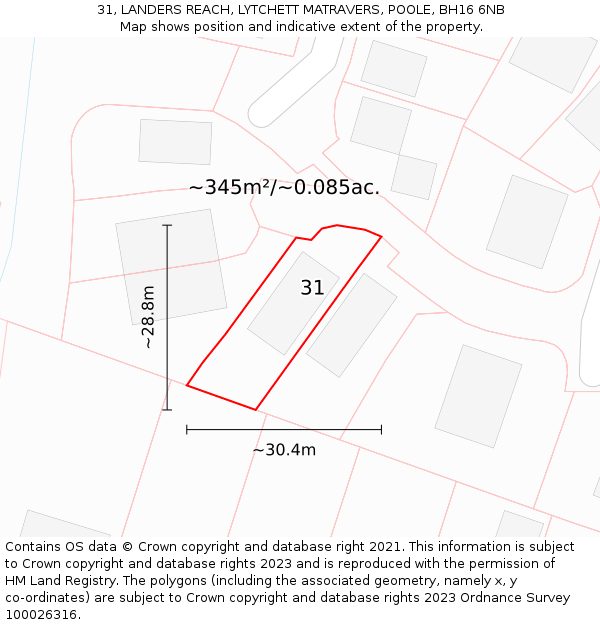 31, LANDERS REACH, LYTCHETT MATRAVERS, POOLE, BH16 6NB: Plot and title map