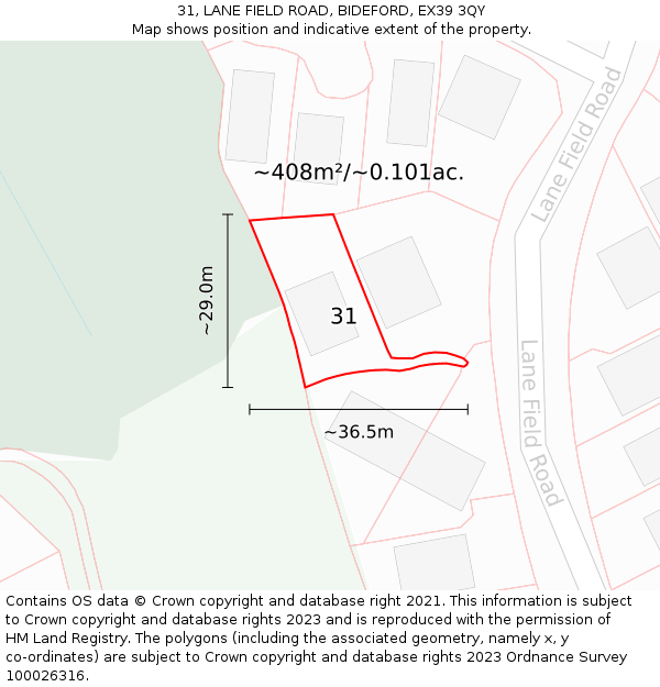 31, LANE FIELD ROAD, BIDEFORD, EX39 3QY: Plot and title map
