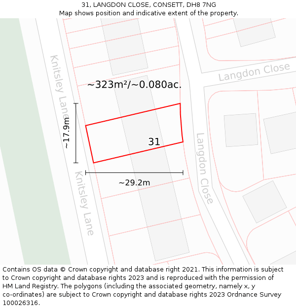 31, LANGDON CLOSE, CONSETT, DH8 7NG: Plot and title map