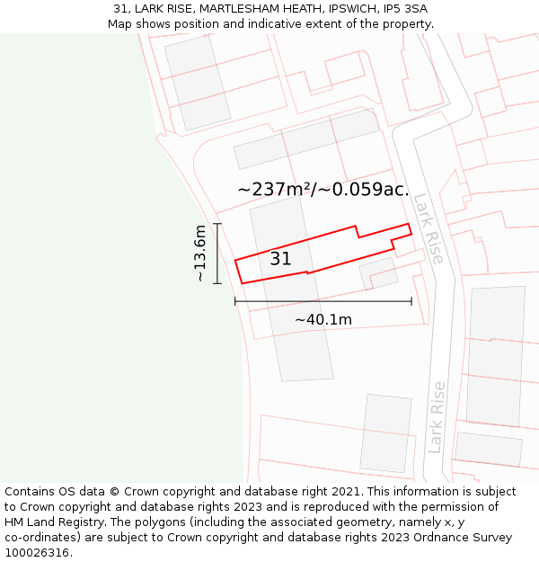 31, LARK RISE, MARTLESHAM HEATH, IPSWICH, IP5 3SA: Plot and title map