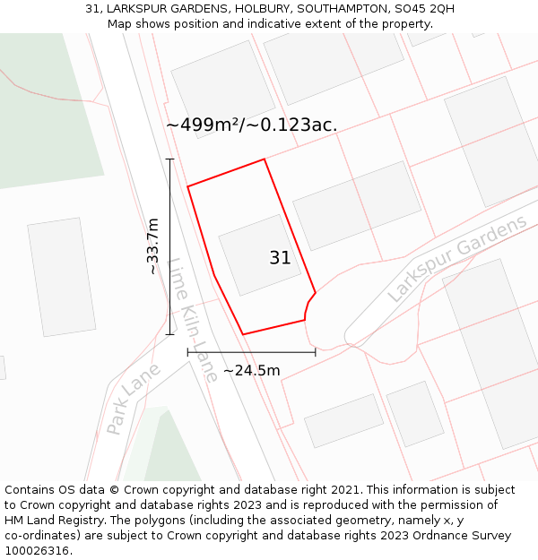 31, LARKSPUR GARDENS, HOLBURY, SOUTHAMPTON, SO45 2QH: Plot and title map