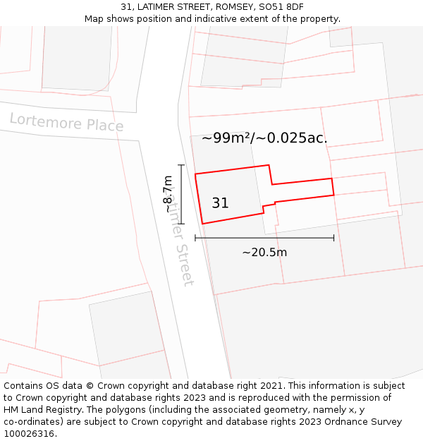 31, LATIMER STREET, ROMSEY, SO51 8DF: Plot and title map