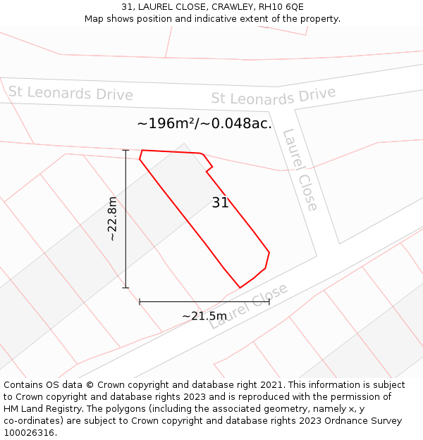 31, LAUREL CLOSE, CRAWLEY, RH10 6QE: Plot and title map