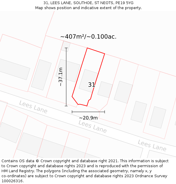 31, LEES LANE, SOUTHOE, ST NEOTS, PE19 5YG: Plot and title map