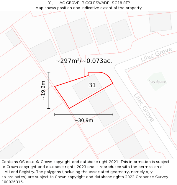 31, LILAC GROVE, BIGGLESWADE, SG18 8TP: Plot and title map