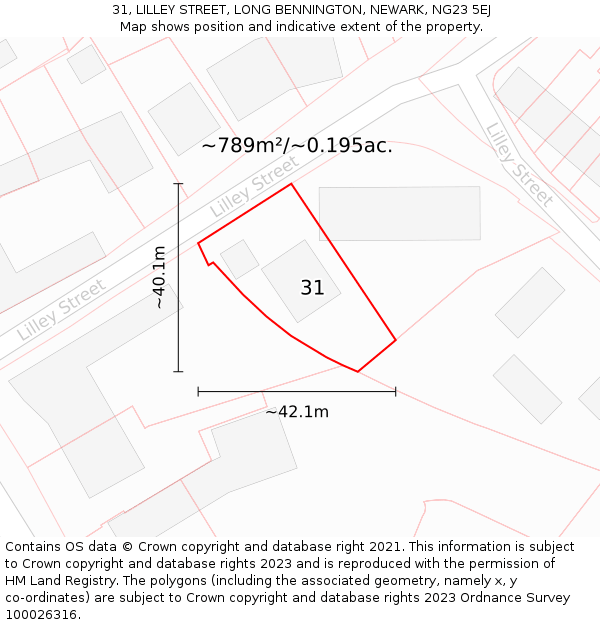 31, LILLEY STREET, LONG BENNINGTON, NEWARK, NG23 5EJ: Plot and title map