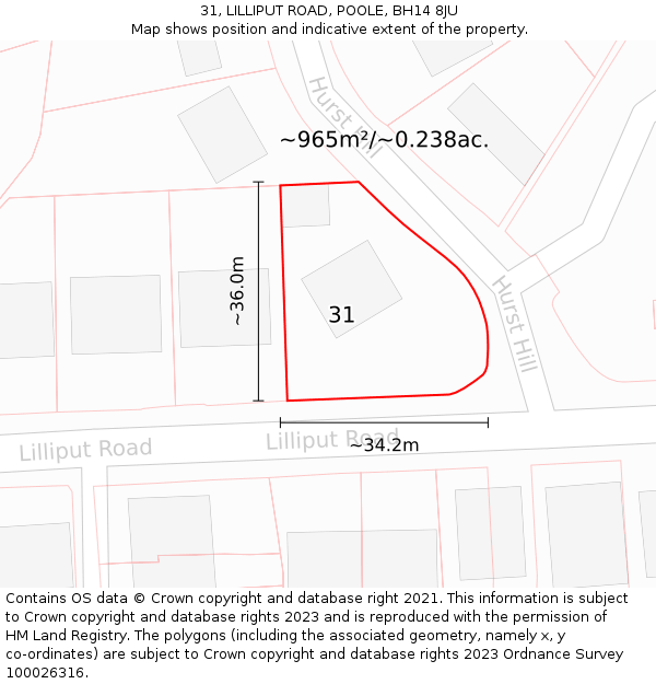 31, LILLIPUT ROAD, POOLE, BH14 8JU: Plot and title map