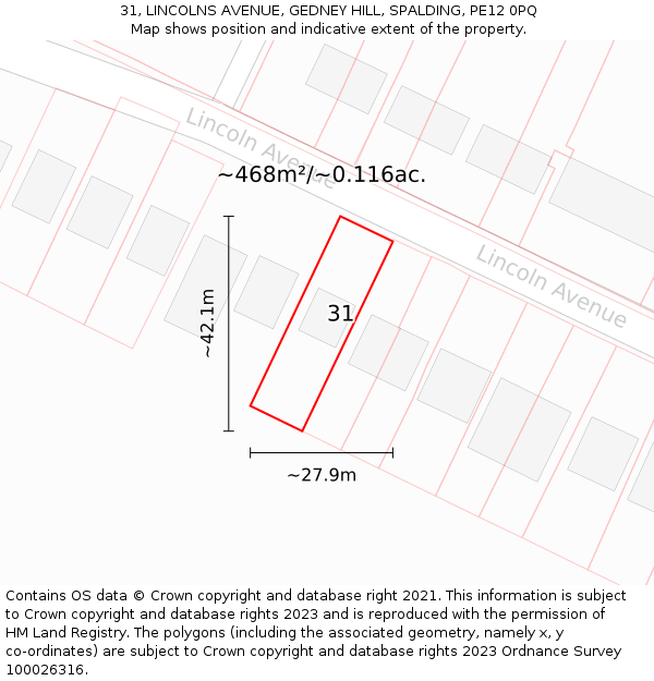 31, LINCOLNS AVENUE, GEDNEY HILL, SPALDING, PE12 0PQ: Plot and title map