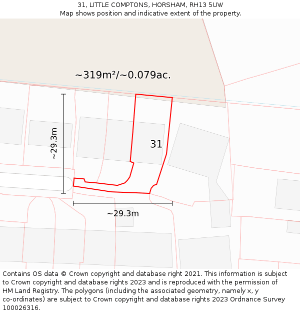 31, LITTLE COMPTONS, HORSHAM, RH13 5UW: Plot and title map