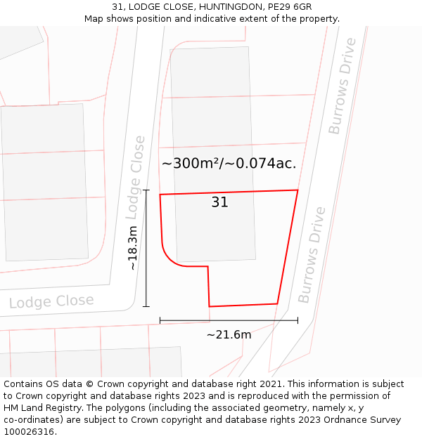 31, LODGE CLOSE, HUNTINGDON, PE29 6GR: Plot and title map