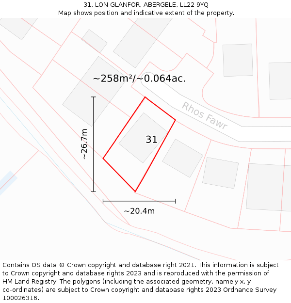 31, LON GLANFOR, ABERGELE, LL22 9YQ: Plot and title map