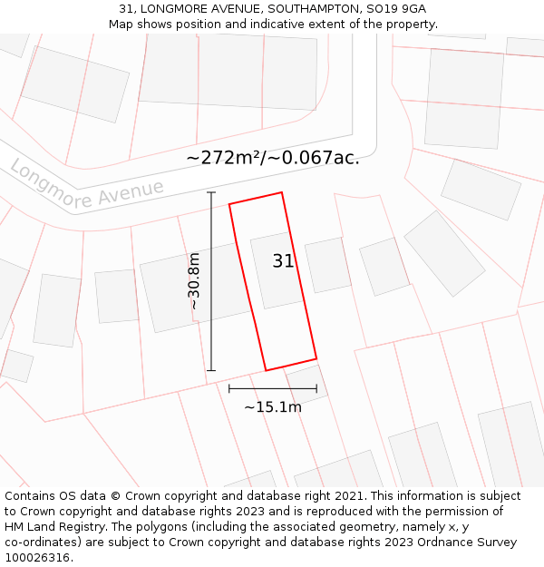 31, LONGMORE AVENUE, SOUTHAMPTON, SO19 9GA: Plot and title map