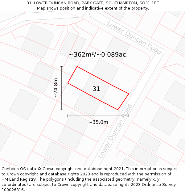 31, LOWER DUNCAN ROAD, PARK GATE, SOUTHAMPTON, SO31 1BE: Plot and title map