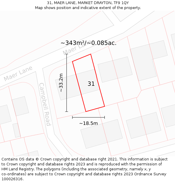 31, MAER LANE, MARKET DRAYTON, TF9 1QY: Plot and title map