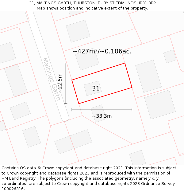 31, MALTINGS GARTH, THURSTON, BURY ST EDMUNDS, IP31 3PP: Plot and title map