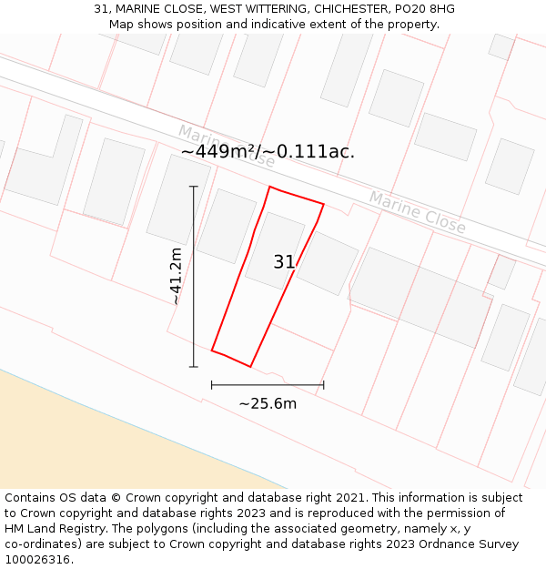 31, MARINE CLOSE, WEST WITTERING, CHICHESTER, PO20 8HG: Plot and title map