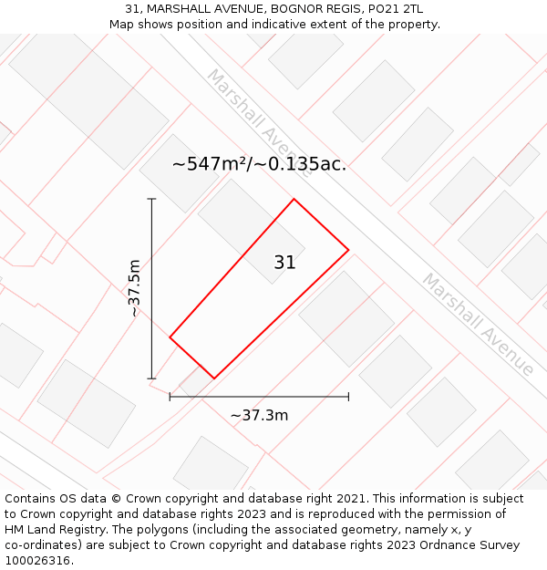 31, MARSHALL AVENUE, BOGNOR REGIS, PO21 2TL: Plot and title map