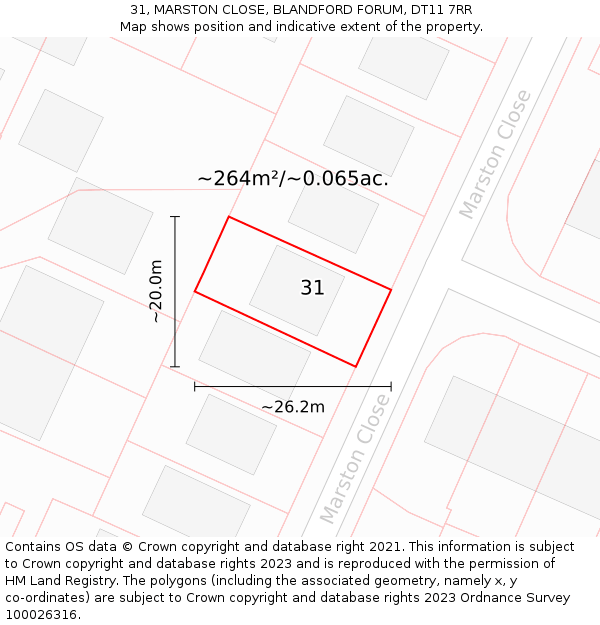 31, MARSTON CLOSE, BLANDFORD FORUM, DT11 7RR: Plot and title map