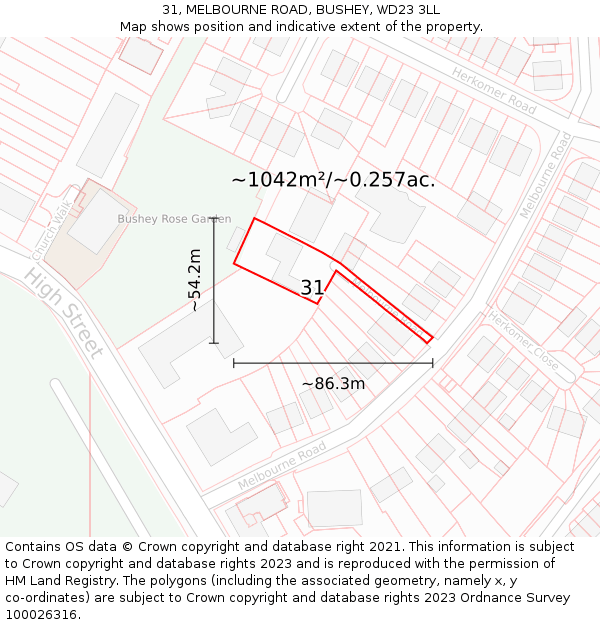 31, MELBOURNE ROAD, BUSHEY, WD23 3LL: Plot and title map