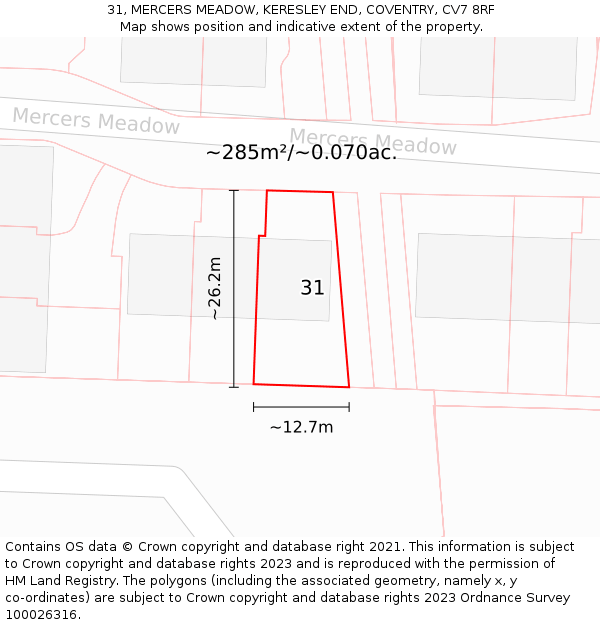 31, MERCERS MEADOW, KERESLEY END, COVENTRY, CV7 8RF: Plot and title map