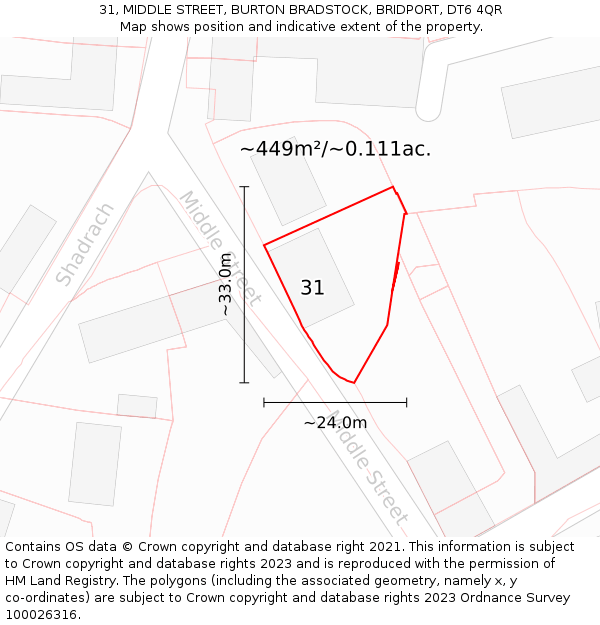 31, MIDDLE STREET, BURTON BRADSTOCK, BRIDPORT, DT6 4QR: Plot and title map